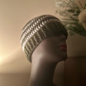 Cozy Crocheted Green and White Striped Beanie Hat